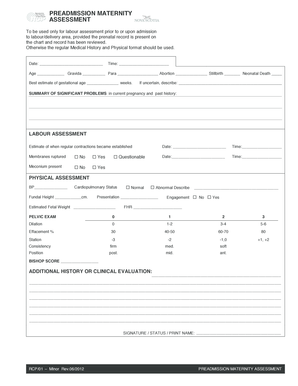 Nova Scotia Preadmission Maternity Assessment Form