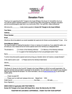 Donation Form for Susan G. Komen NC Triangle to the Coast