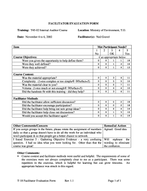 Trainer assessment form - FACILITATOR EVALUATION FORM Training: T45-02 Internal Auditor Course Location: Ministry of Environment, T - cala