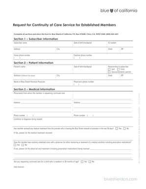 Request for Continuity of Care Service for Established Members