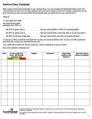 Asthma Diary Template