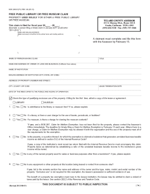 California Free Public Library or Museum Property Tax Exemption Claim
