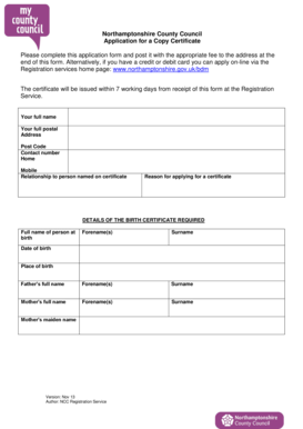 Northamptonshire Birth, Death, Marriage, Civil Partnership Certificate Application