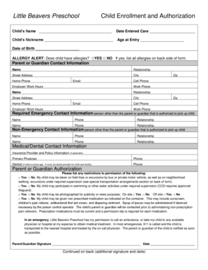 Child Enrollment and Authorization Form