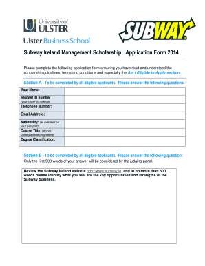 Subway Ireland Management Scholarship: Application Form 2014