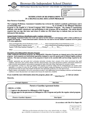 Notification of Re-Enrollment in Bilingual/ESL Education Program