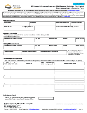 BC PNP FSW Pilot Nominee Applicant Information Form