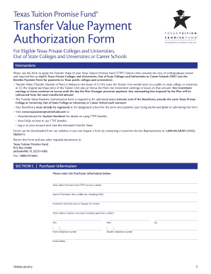 Texas Tuition Promise Fund Transfer Value Payment Authorization Form