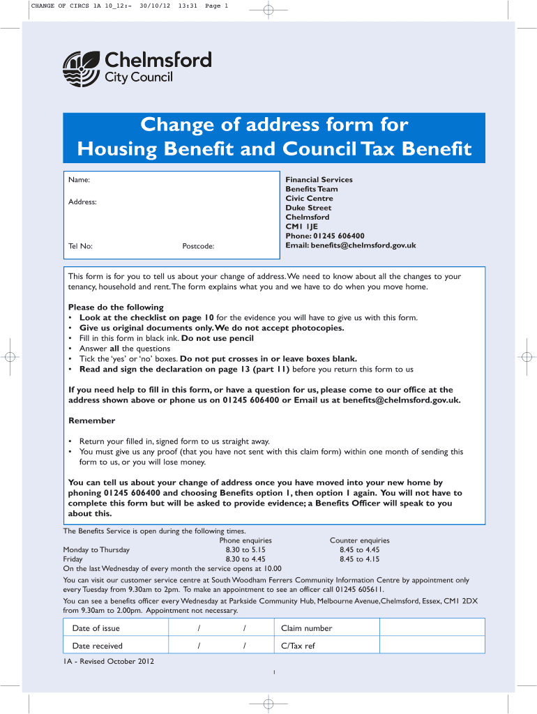 Fillable Online chelmsford gov Change of address form for Housing
