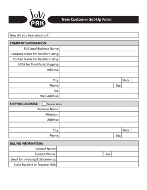 New Customer Set-Up Form