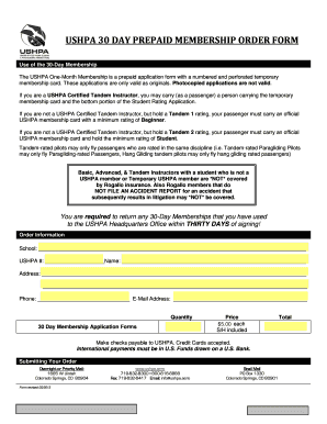 USHPA 30-Day Prepaid Membership Order Form
