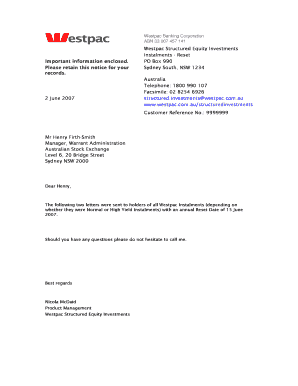 Westpac Instalment Annual Reset Notice