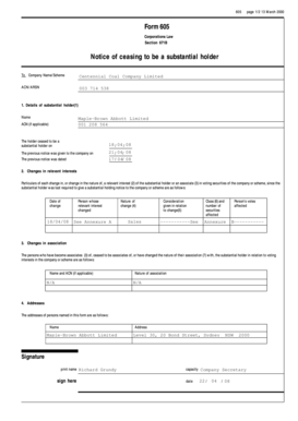 Form 605 Notice of Ceasing to be a Substantial Holder