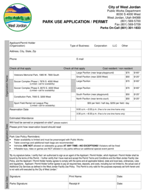 City of West Jordan Park Use Application Permit