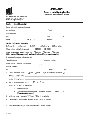 Gymnastics General Liability Application