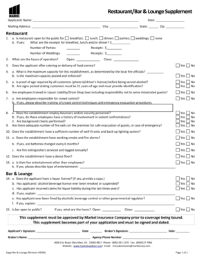 Restaurant/Bar & Lounge Insurance Application Supplement