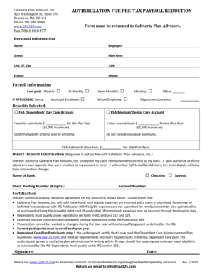 Cafeteria Plan Pre-Tax Payroll Reduction Authorization