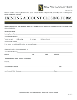 New York Community Bank Account Closing Form