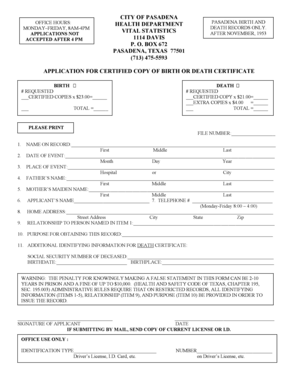 Pasadena Birth or Death Certificate Application