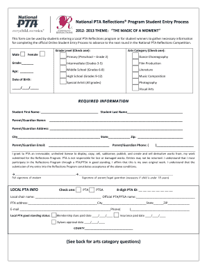 National PTA Reflections Program Student Entry Form
