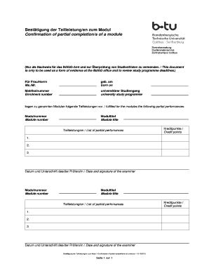Bestätigung der Teilleistung/en zum Modul