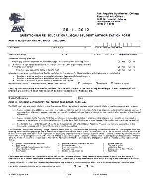 2011-2012 Financial Aid Questionnaire and Authorization Form