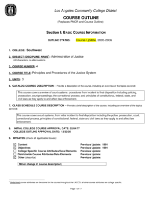 Los Angeles Community College District COURSE OUTLINE (Replaces PNCR and Course Outline) Section I: BASIC COURSE INFORMATION OUTLINE STATUS: Course Update, 20052006 1 - lasc
