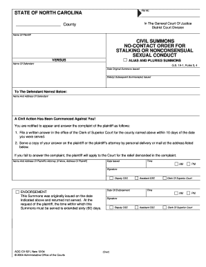 North Carolina No-Contact Order Summons