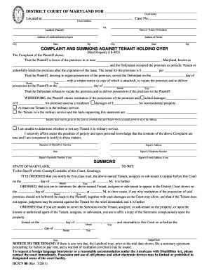 Maryland Tenant Eviction Complaint and Summons