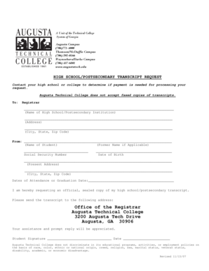 High School/Postsecondary Transcript Request