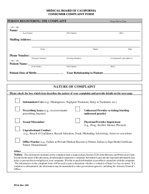 California Medical Board Consumer Complaint Form