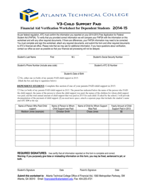 Financial Aid Verification Worksheet for Dependent Students