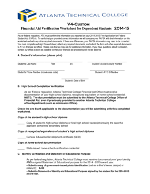 Financial Aid Verification Worksheet for Dependent Students