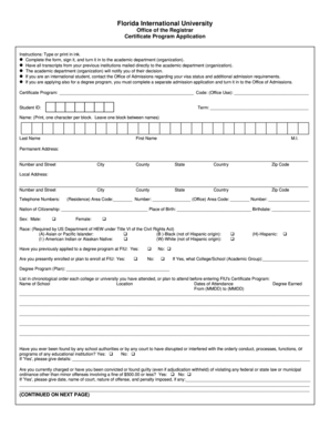 Florida International University Certificate Program Application