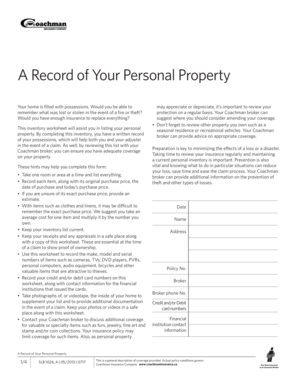 Coachman - A Record of Your Personal Property The following material has been provided by the Coachman Insurance Company for the purpose of maintaining a record of personal belongings and property for insurance related purposes - - - - - -