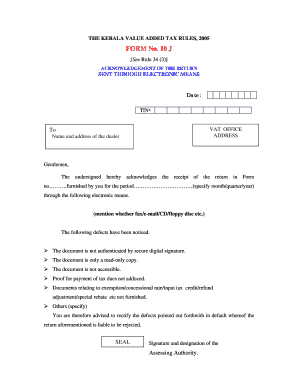 Kerala VAT Return Acknowledgment Form 10J