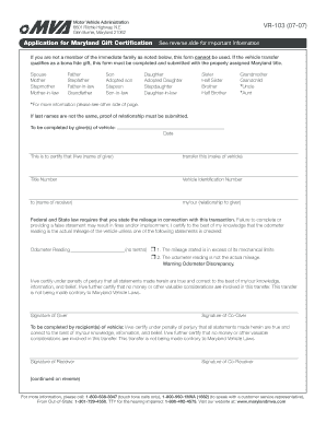 Maryland Gift Certification Form VR-103