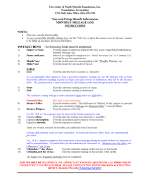 Non-cash Fringe Benefit Information MONTHLY bMILEAGEb LOG bb - unf