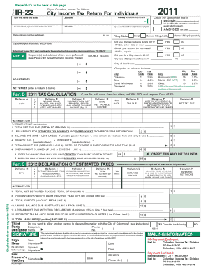 IR-22 City Income Tax Return For Individuals 2011