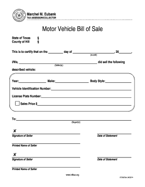 Motor Vehicle bBill of Saleb Statement - Hill County Tax Office