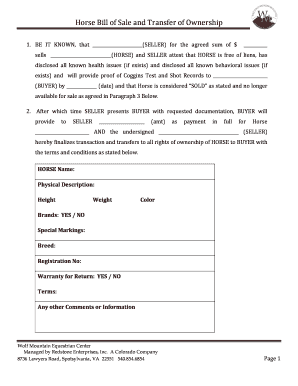 Wolf Mountain Horse Bill of Sale and Transfer of Ownership