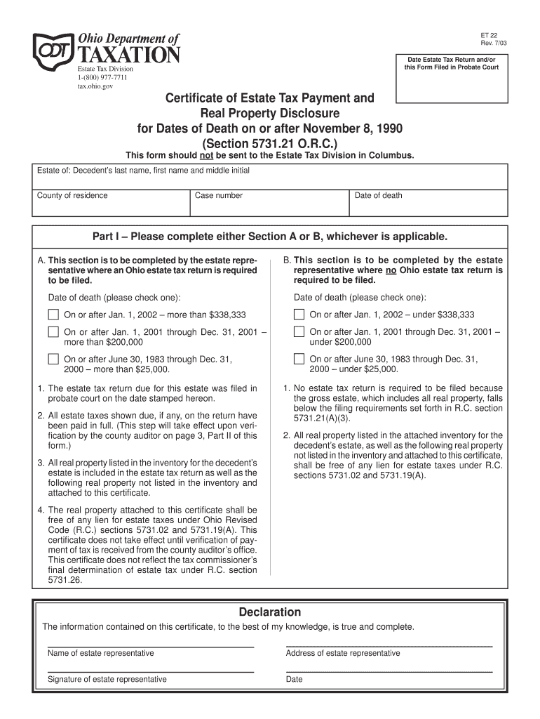 Fillable Online probatejuvenile clermontcountyohio Estate Tax Form 22