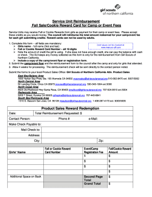 Girl Scouts of Northern California Fall Sale/Cookie Reward Card Reimbursement Form