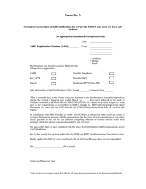 Declaration of Self Certification for Corporate ARMFA