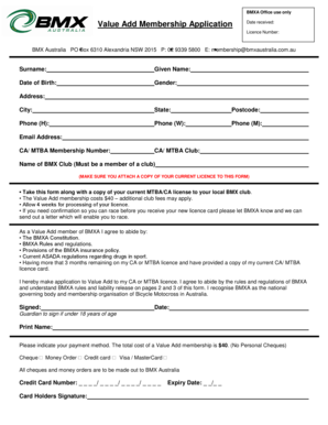 BMX Australia Value Add Membership Application