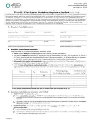 2014–2015 Verification Worksheet Dependent Student