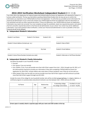 2014–2015 Verification Worksheet Independent Student