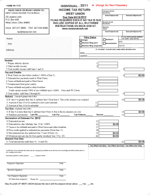 West Union Income Tax Return Form FR 1172
