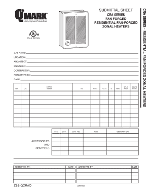 CRA Series Residential Fan-Forced Zonal Heater Submittal Sheet