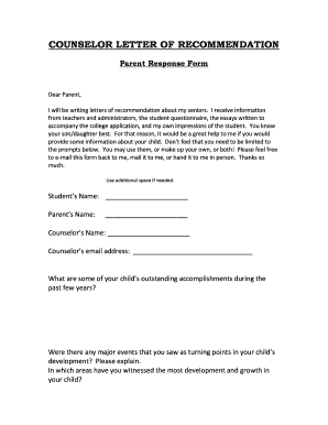 Counselor Letter of Recommendation Parent Response Form